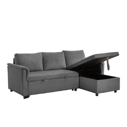 Convertible Corduroy Modular Loveseat Pull-Out Sleeper with Storage Chaise and Reclining Backrest for Living Room