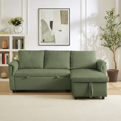 Convertible Corduroy Modular Loveseat Pull-Out Sleeper with Storage Chaise and Reclining Backrest for Living Room