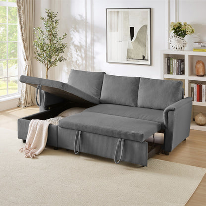 Convertible Corduroy Modular Loveseat Pull-Out Sleeper with Storage Chaise and Reclining Backrest for Living Room