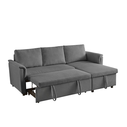 Convertible Corduroy Modular Loveseat Pull-Out Sleeper with Storage Chaise and Reclining Backrest for Living Room