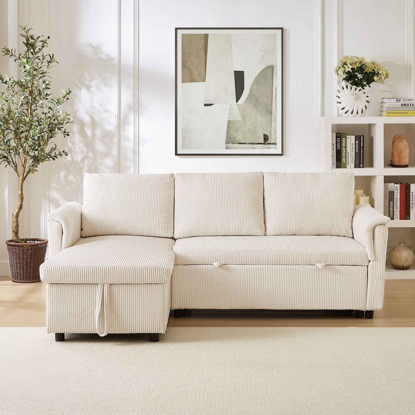 Convertible Corduroy Modular Loveseat Pull-Out Sleeper with Storage Chaise and Reclining Backrest for Living Room