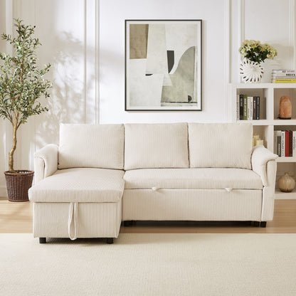 Convertible Corduroy Modular Loveseat Pull-Out Sleeper with Storage Chaise and Reclining Backrest for Living Room