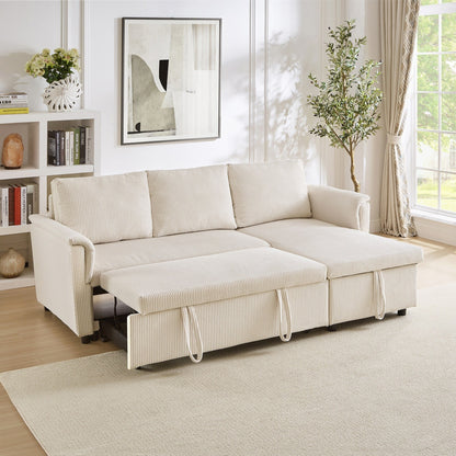 Convertible Corduroy Modular Loveseat Pull-Out Sleeper with Storage Chaise and Reclining Backrest for Living Room