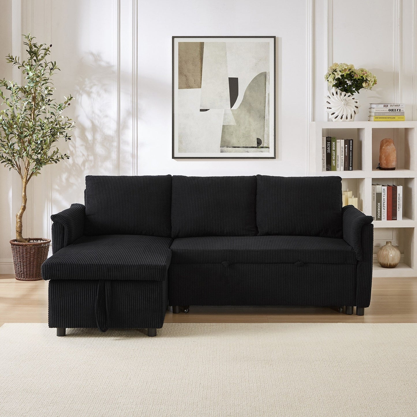 Convertible Corduroy Modular Loveseat Pull-Out Sleeper with Storage Chaise and Reclining Backrest for Living Room