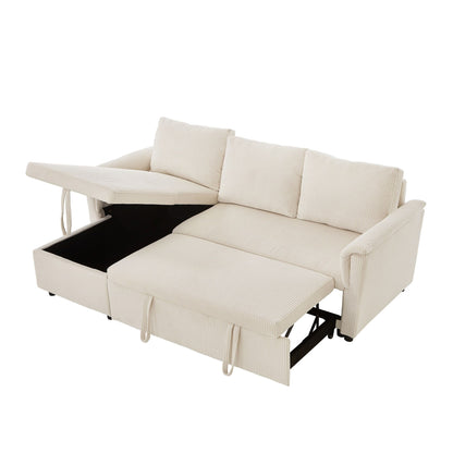 Convertible Corduroy Modular Loveseat Pull-Out Sleeper with Storage Chaise and Reclining Backrest for Living Room