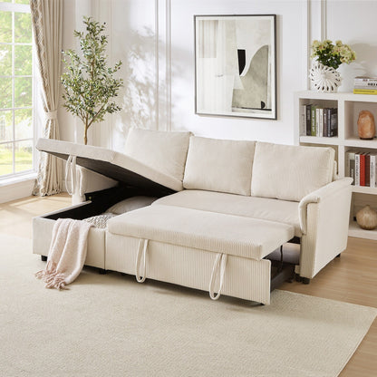 Convertible Corduroy Modular Loveseat Pull-Out Sleeper with Storage Chaise and Reclining Backrest for Living Room