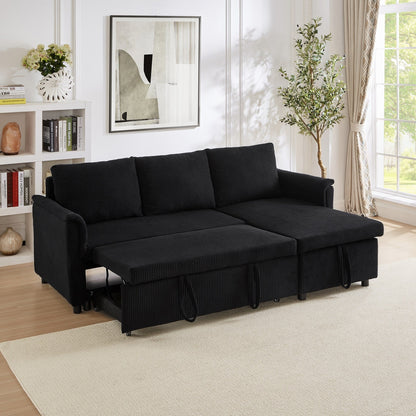 Convertible Corduroy Modular Loveseat Pull-Out Sleeper with Storage Chaise and Reclining Backrest for Living Room
