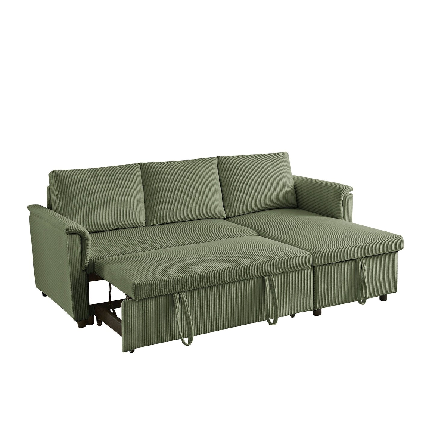 Convertible Corduroy Modular Loveseat Pull-Out Sleeper with Storage Chaise and Reclining Backrest for Living Room