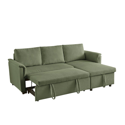 Convertible Corduroy Modular Loveseat Pull-Out Sleeper with Storage Chaise and Reclining Backrest for Living Room
