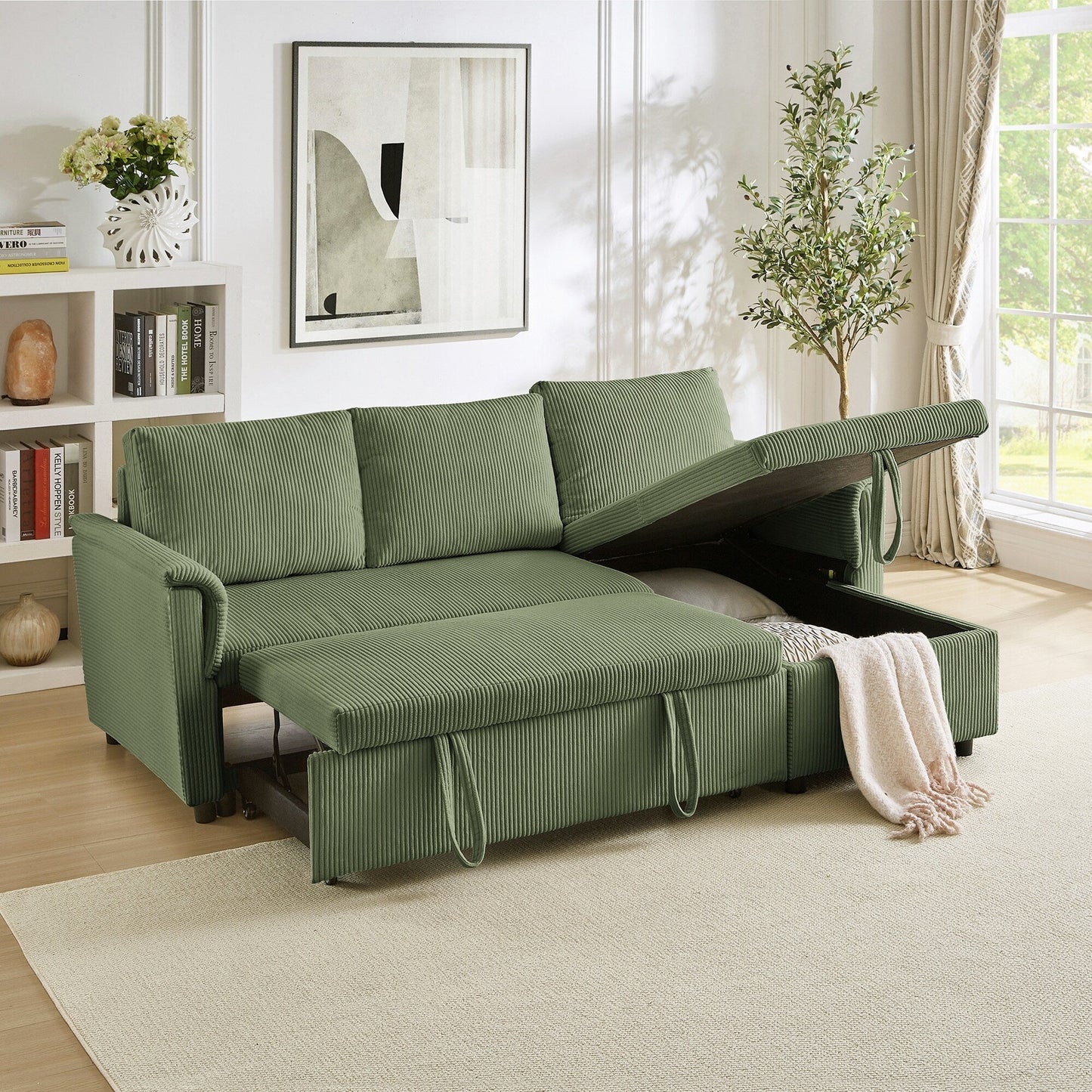 Convertible Corduroy Modular Loveseat Pull-Out Sleeper with Storage Chaise and Reclining Backrest for Living Room