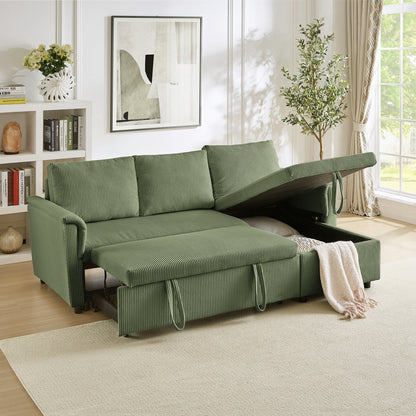 Convertible Corduroy Modular Loveseat Pull-Out Sleeper with Storage Chaise and Reclining Backrest for Living Room