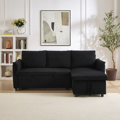 Convertible Corduroy Modular Loveseat Pull-Out Sleeper with Storage Chaise and Reclining Backrest for Living Room