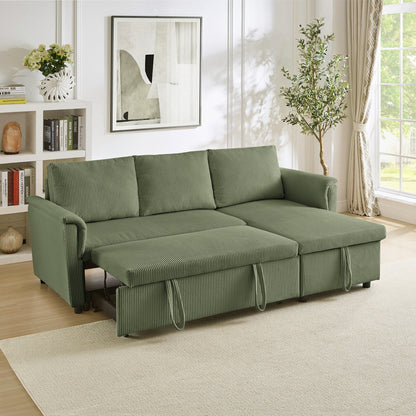 Convertible Corduroy Modular Loveseat Pull-Out Sleeper with Storage Chaise and Reclining Backrest for Living Room
