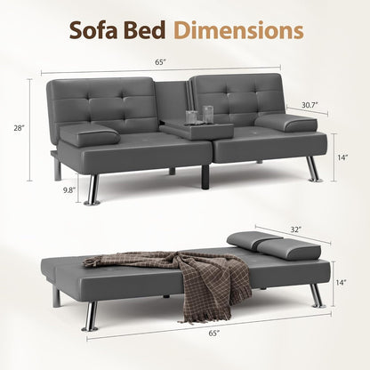 Convertible Folding Futon Sofa Bed - Faux Leather Sleeper Couch with Removable Armrests, Metal Legs & Cup Holders, Black