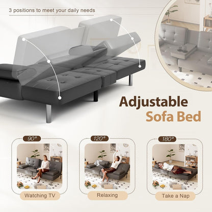 Convertible Folding Futon Sofa Bed - Faux Leather Sleeper Couch with Removable Armrests, Metal Legs & Cup Holders, Black