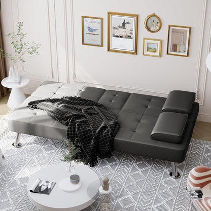 Convertible Folding Futon Sofa Bed - Faux Leather Sleeper Couch with Removable Armrests, Metal Legs & Cup Holders, Black