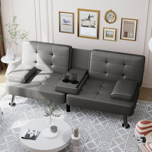 Convertible Folding Futon Sofa Bed - Faux Leather Sleeper Couch with Removable Armrests, Metal Legs & Cup Holders, Black