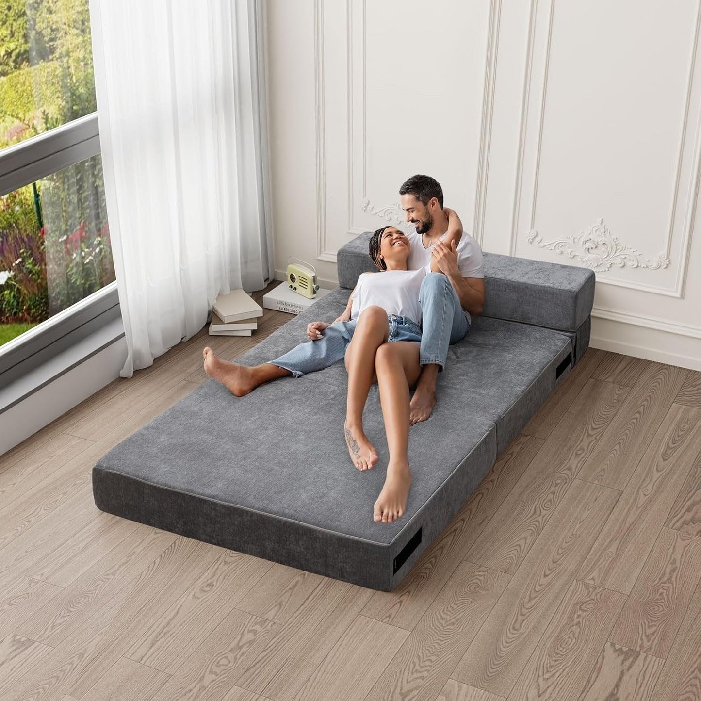 Convertible Folding Sofa Bed - Twin Size Sleeper Chair with Pillow & Foam Mattress, Gray Futon Couch for Living Room/Dorm
