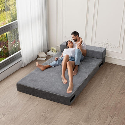 Convertible Folding Sofa Bed - Twin Size Sleeper Chair with Pillow & Foam Mattress, Gray Futon Couch for Living Room/Dorm