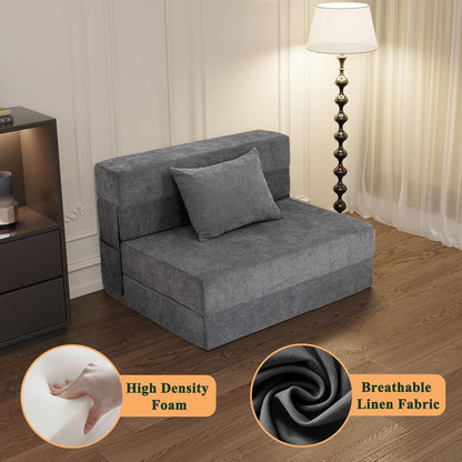 Convertible Folding Sofa Bed - Twin Size Sleeper Chair with Pillow & Foam Mattress, Gray Futon Couch for Living Room/Dorm