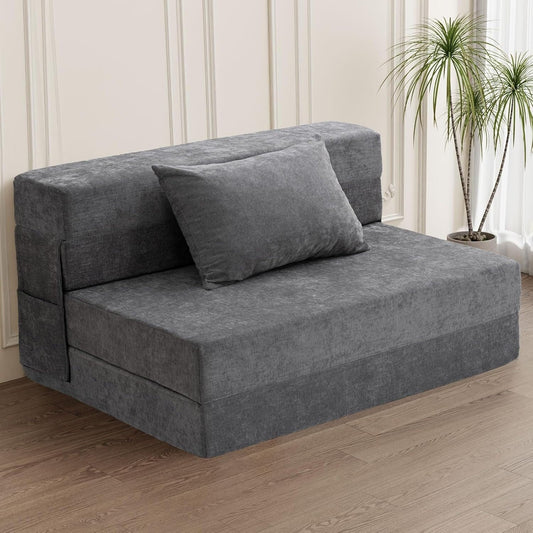 Convertible Folding Sofa Bed - Twin Size Sleeper Chair with Pillow & Foam Mattress, Gray Futon Couch for Living Room/Dorm