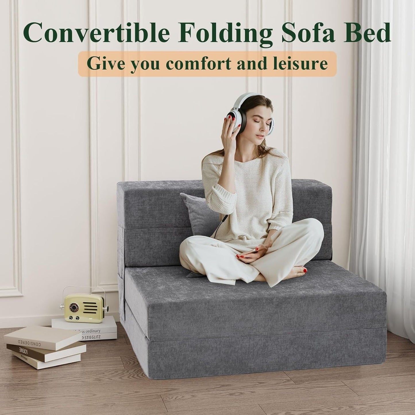 Convertible Folding Sofa Bed - Twin Size Sleeper Chair with Pillow & Foam Mattress, Gray Futon Couch for Living Room/Dorm