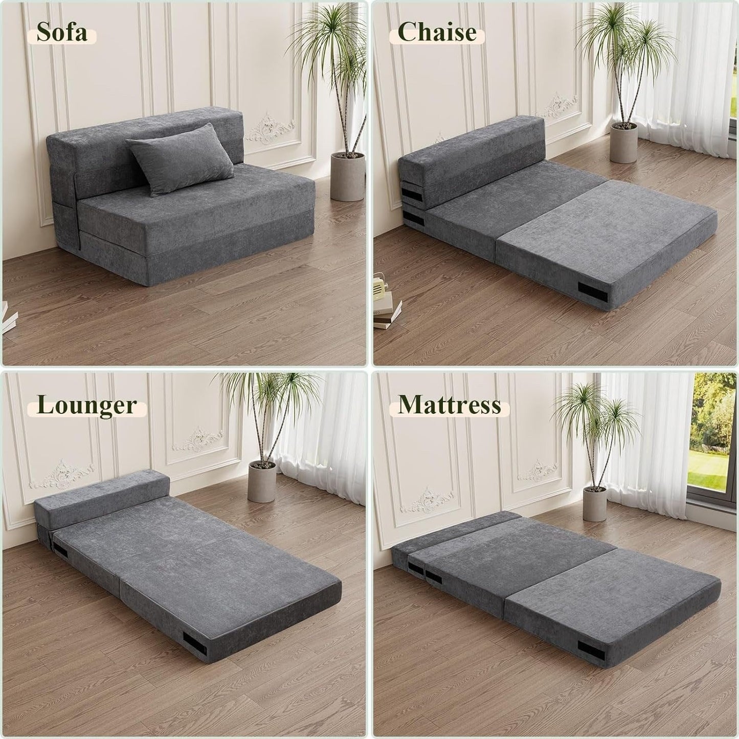 Convertible Folding Sofa Bed - Twin Size Sleeper Chair with Pillow & Foam Mattress, Gray Futon Couch for Living Room/Dorm