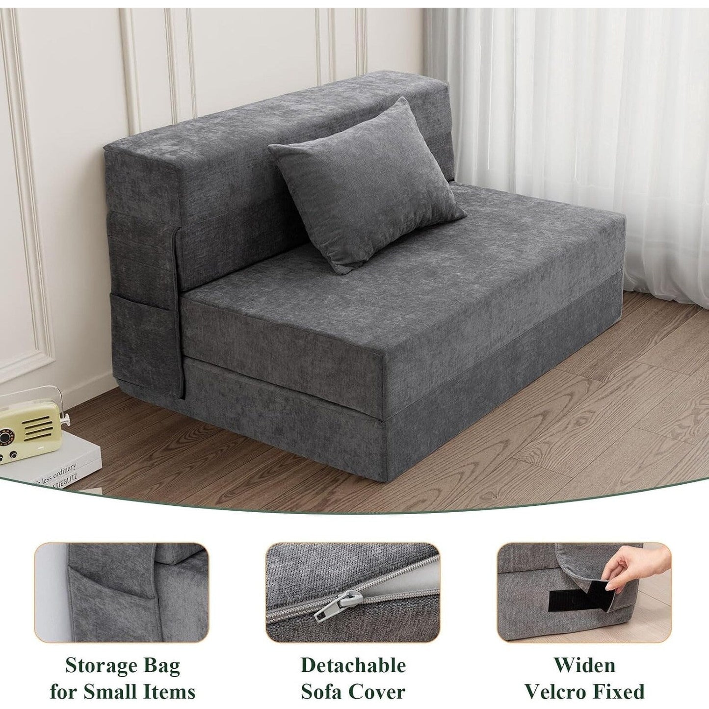Convertible Folding Sofa Bed - Twin Size Sleeper Chair with Pillow & Foam Mattress, Gray Futon Couch for Living Room/Dorm