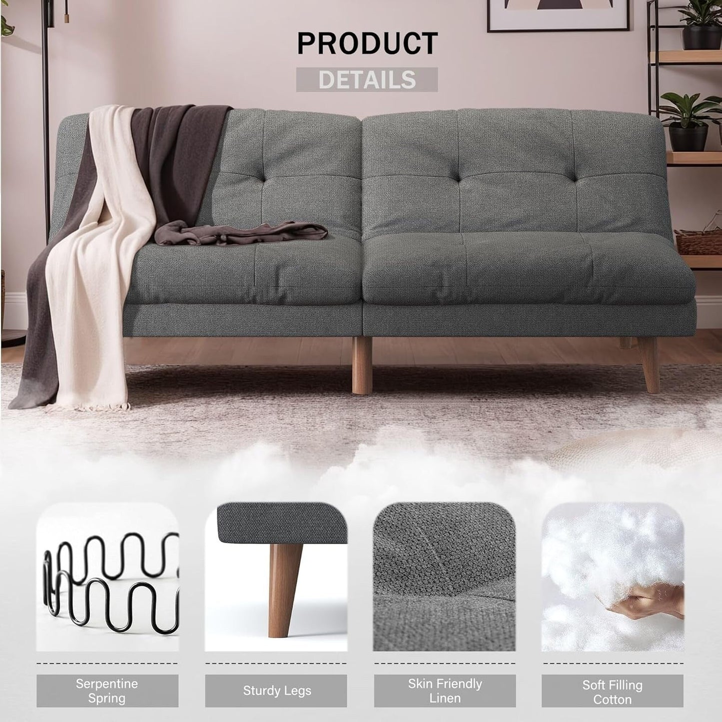 Convertible Futon Sofa Bed with Adjustable Back - Upholstered Sleeper Couch for Living Room, Grey Fabric