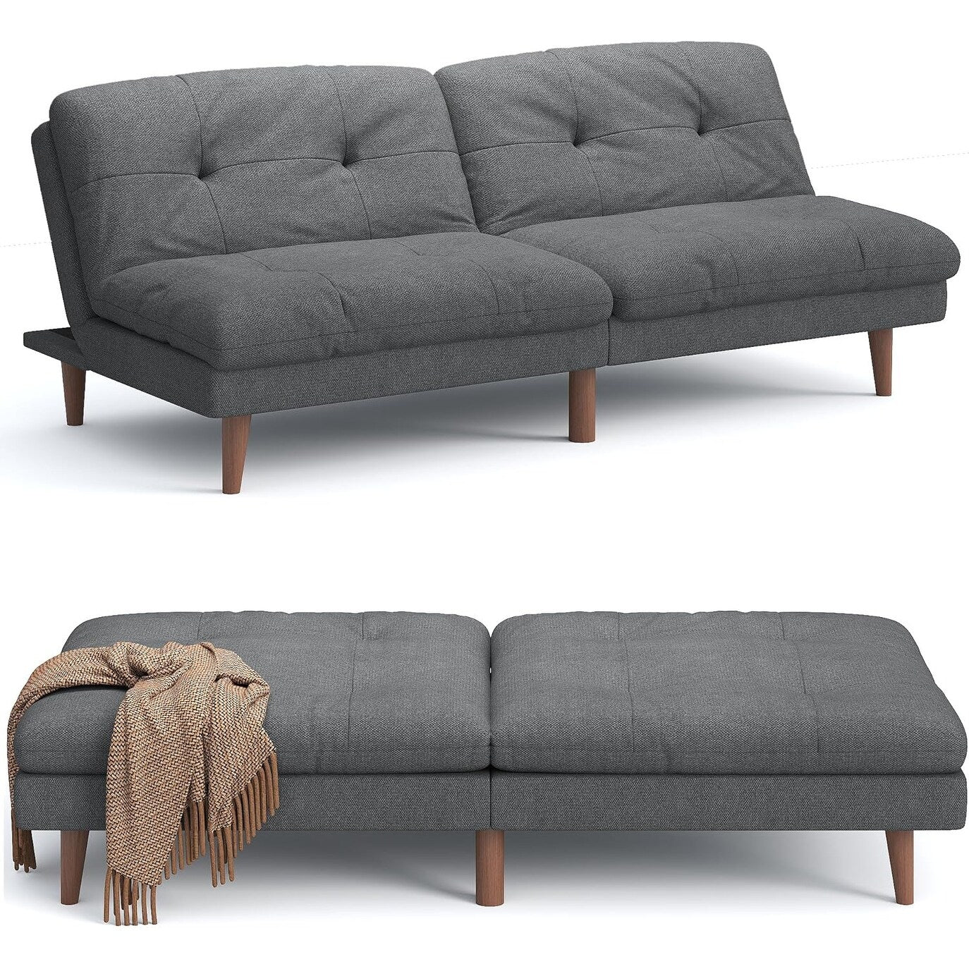 Convertible Futon Sofa Bed with Adjustable Back - Upholstered Sleeper Couch for Living Room, Grey Fabric