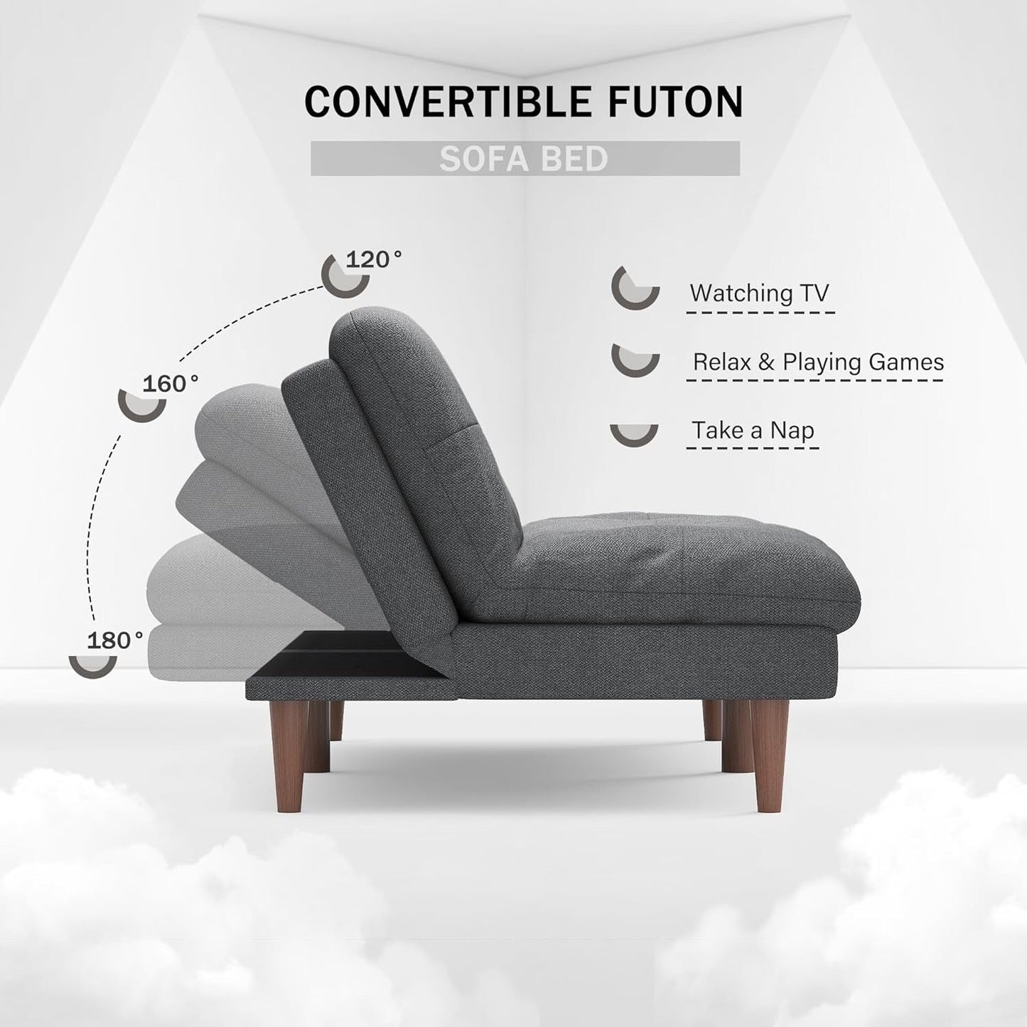 Convertible Futon Sofa Bed with Adjustable Back - Upholstered Sleeper Couch for Living Room, Grey Fabric