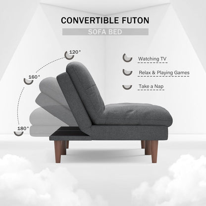 Convertible Futon Sofa Bed with Adjustable Back - Upholstered Sleeper Couch for Living Room, Grey Fabric