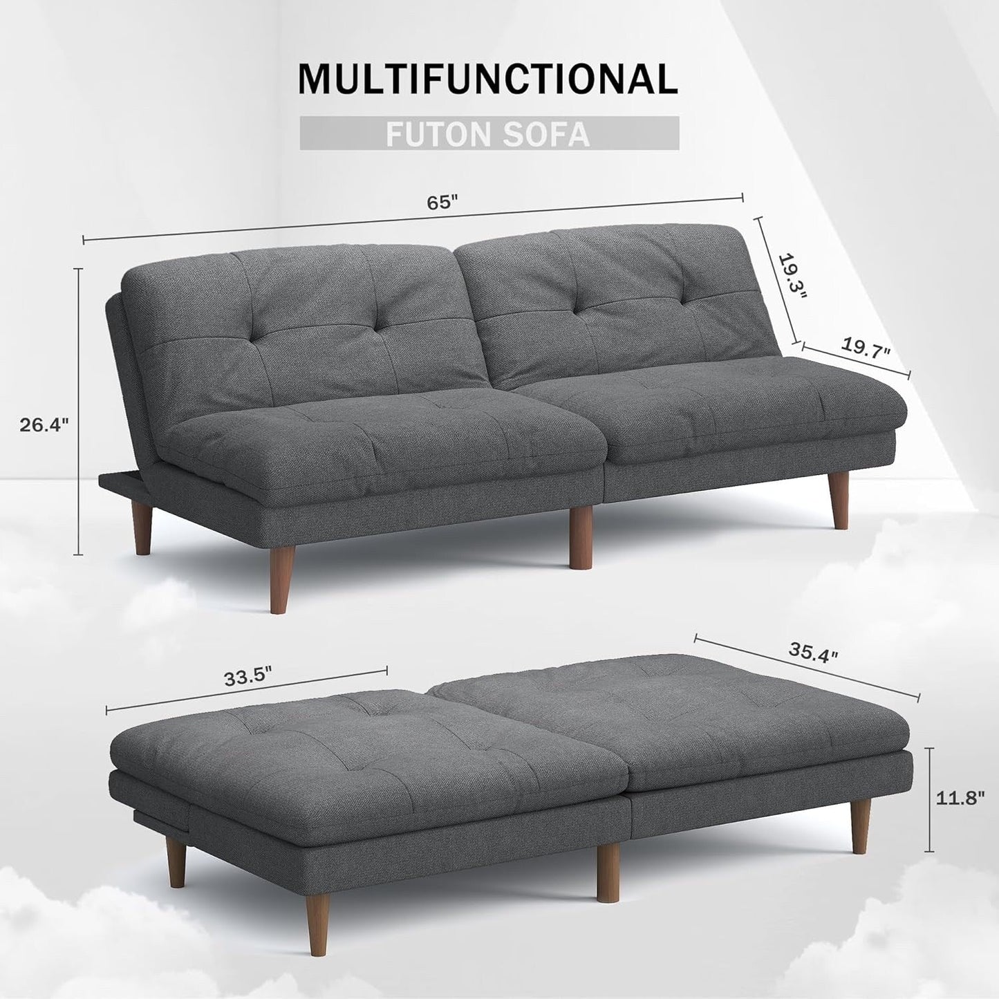 Convertible Futon Sofa Bed with Adjustable Back - Upholstered Sleeper Couch for Living Room, Grey Fabric