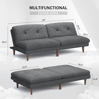 Convertible Futon Sofa Bed with Adjustable Back - Upholstered Sleeper Couch for Living Room, Grey Fabric