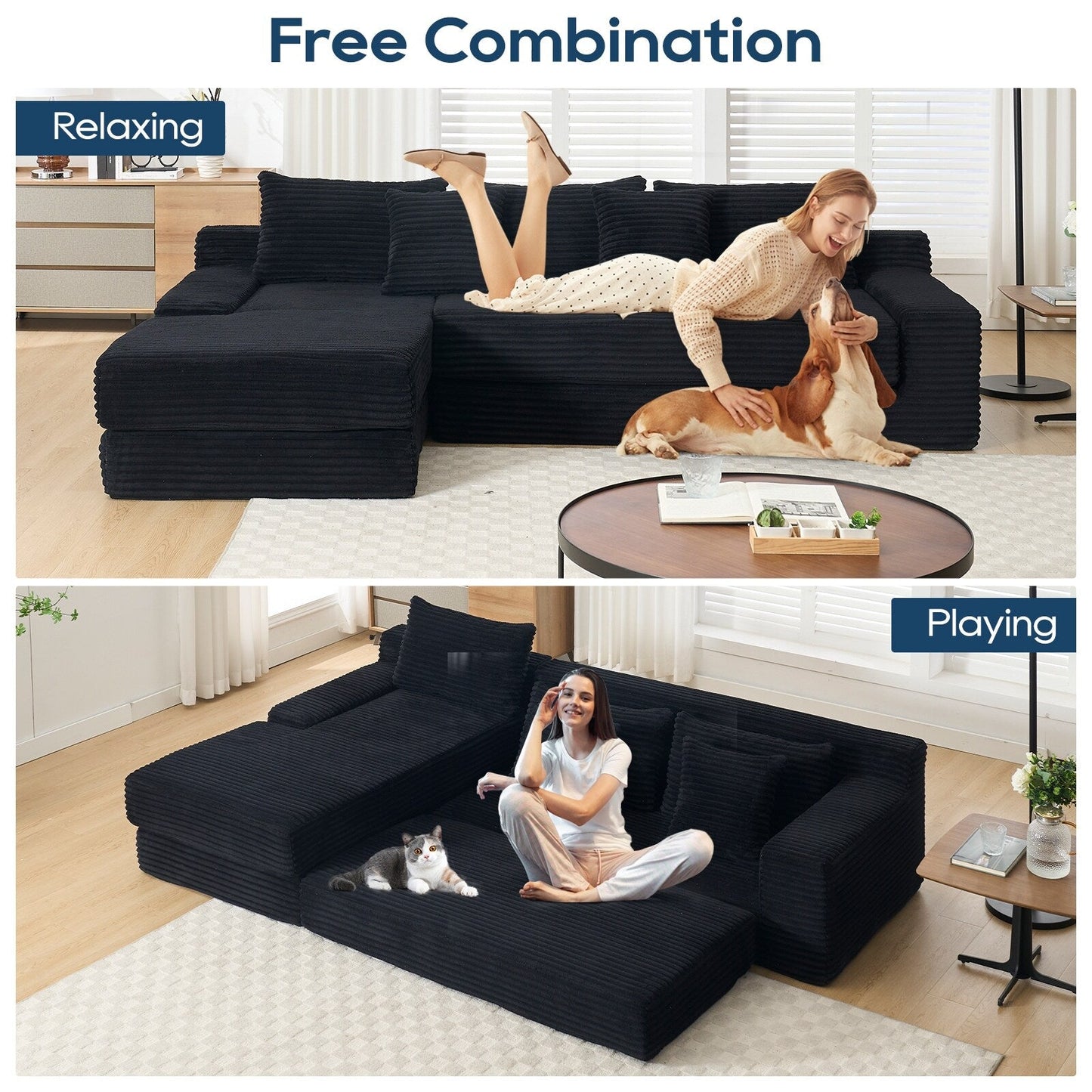 Convertible L-Shaped Corduroy Sectional Sofa 3-Seater Modular Couch with Steel Frame for Bedrooms Home Theater
