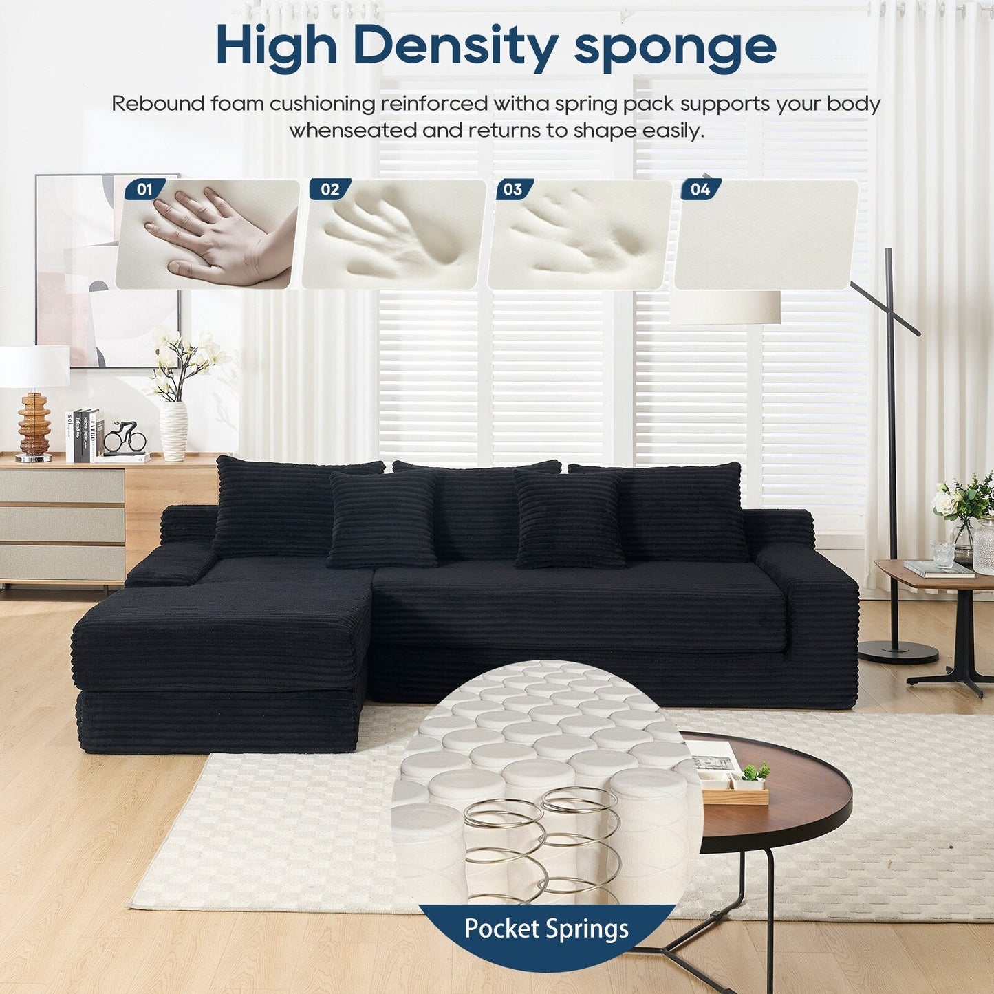 Convertible L-Shaped Corduroy Sectional Sofa 3-Seater Modular Couch with Steel Frame for Bedrooms Home Theater