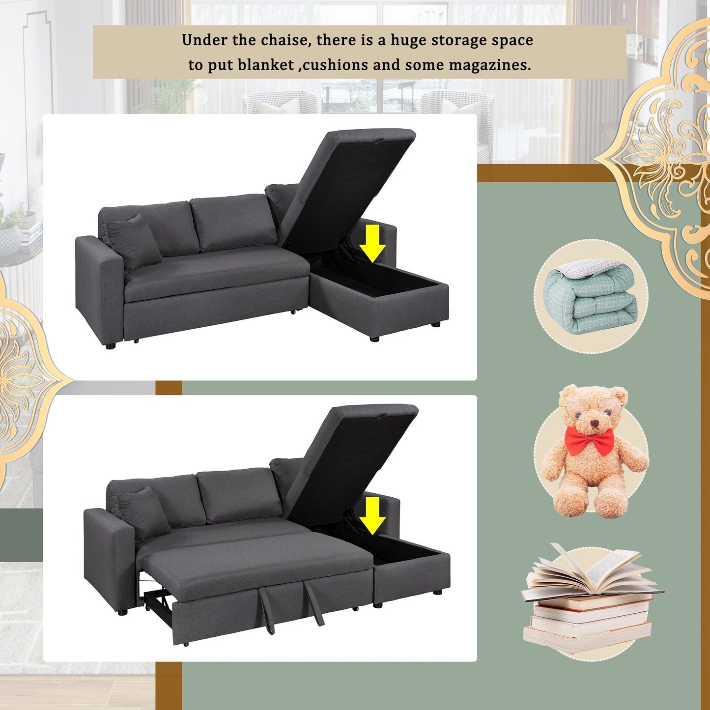 Convertible L-Shaped Sectional Sofa with Pull-Out Bed and Storage Space, 2 Tossing Cushions