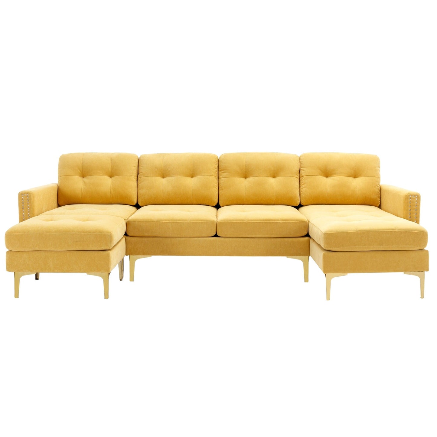 Convertible L-Shaped Velvet Sectional Sofa with Movable Ottoman and Gold Metal Legs for Living Room