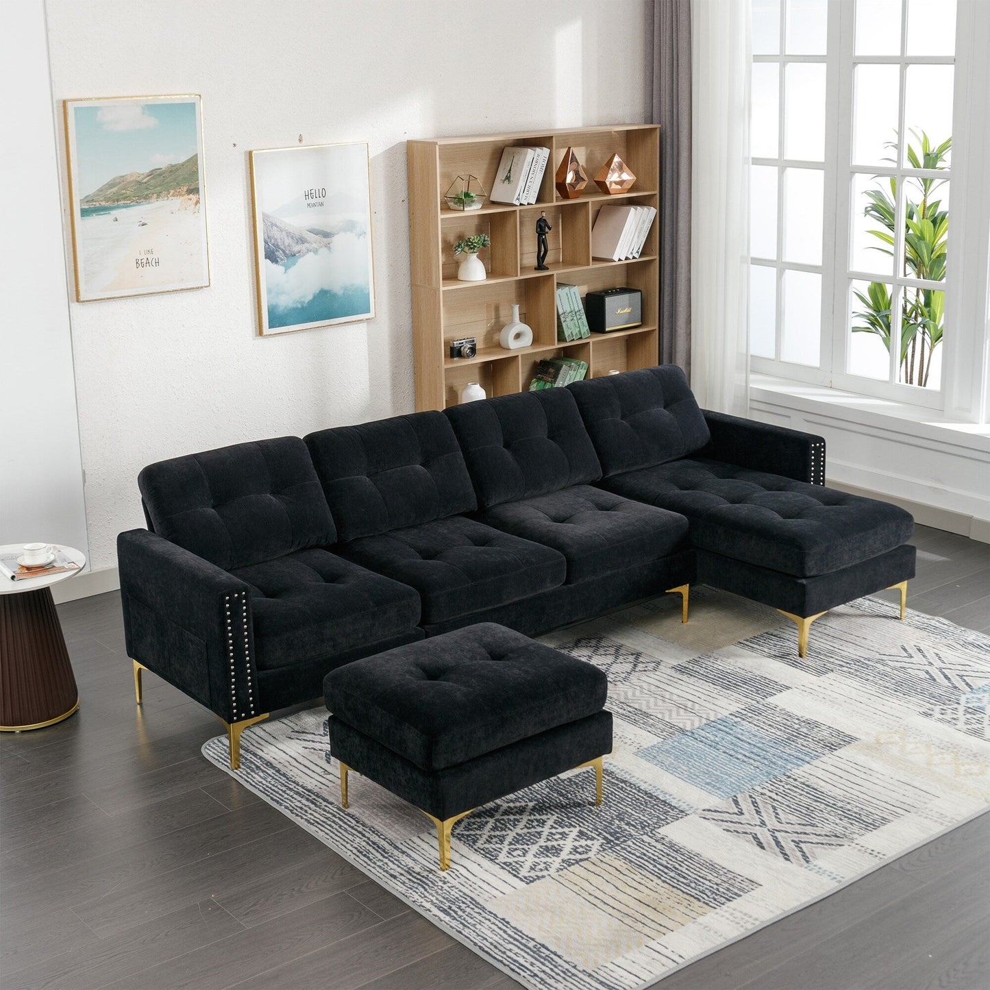 Convertible L-Shaped Velvet Sectional Sofa with Movable Ottoman and Gold Metal Legs for Living Room