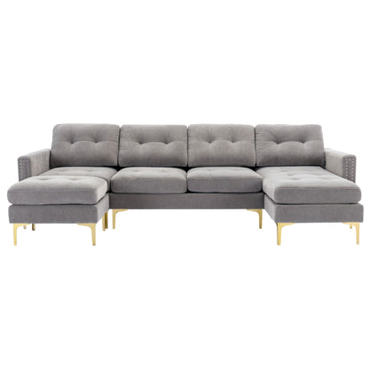 Convertible L-Shaped Velvet Sectional Sofa with Movable Ottoman and Gold Metal Legs for Living Room