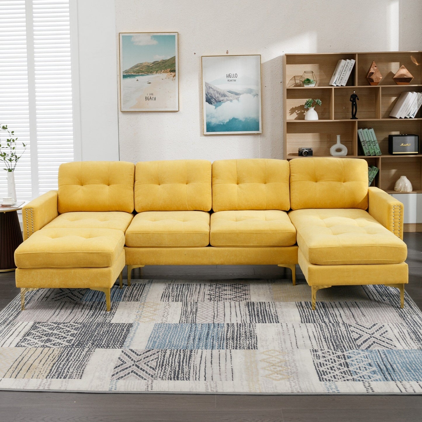 Convertible L-Shaped Velvet Sectional Sofa with Movable Ottoman and Gold Metal Legs for Living Room