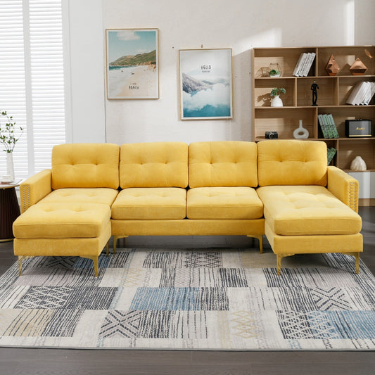 Convertible L-Shaped Velvet Sectional Sofa with Movable Ottoman and Gold Metal Legs for Living Room