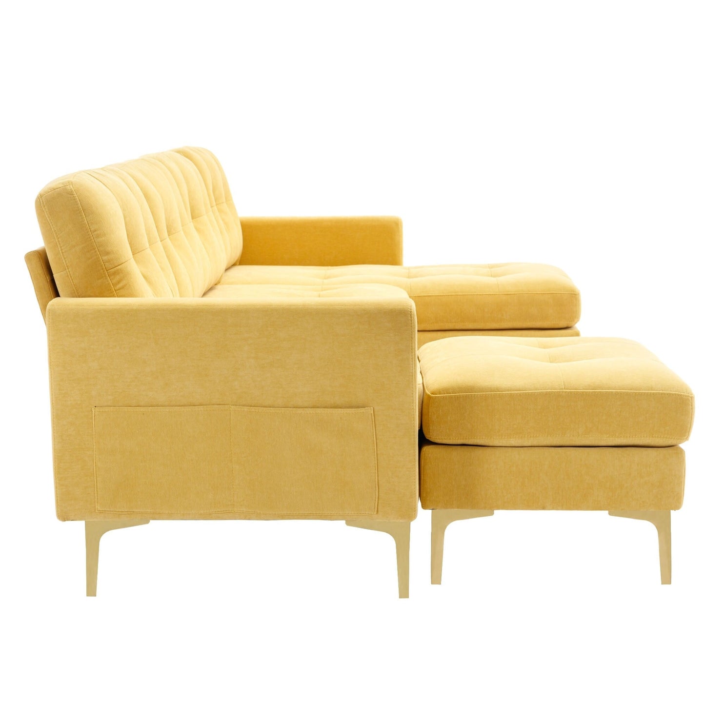 Convertible L-Shaped Velvet Sectional Sofa with Movable Ottoman and Gold Metal Legs for Living Room