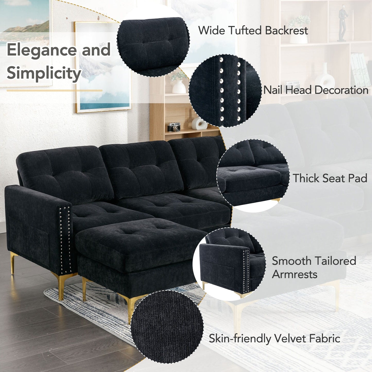 Convertible L-Shaped Velvet Sectional Sofa with Movable Ottoman and Gold Metal Legs for Living Room