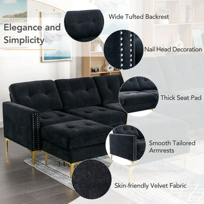 Convertible L-Shaped Velvet Sectional Sofa with Movable Ottoman and Gold Metal Legs for Living Room