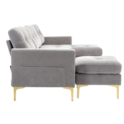 Convertible L-Shaped Velvet Sectional Sofa with Movable Ottoman and Gold Metal Legs for Living Room