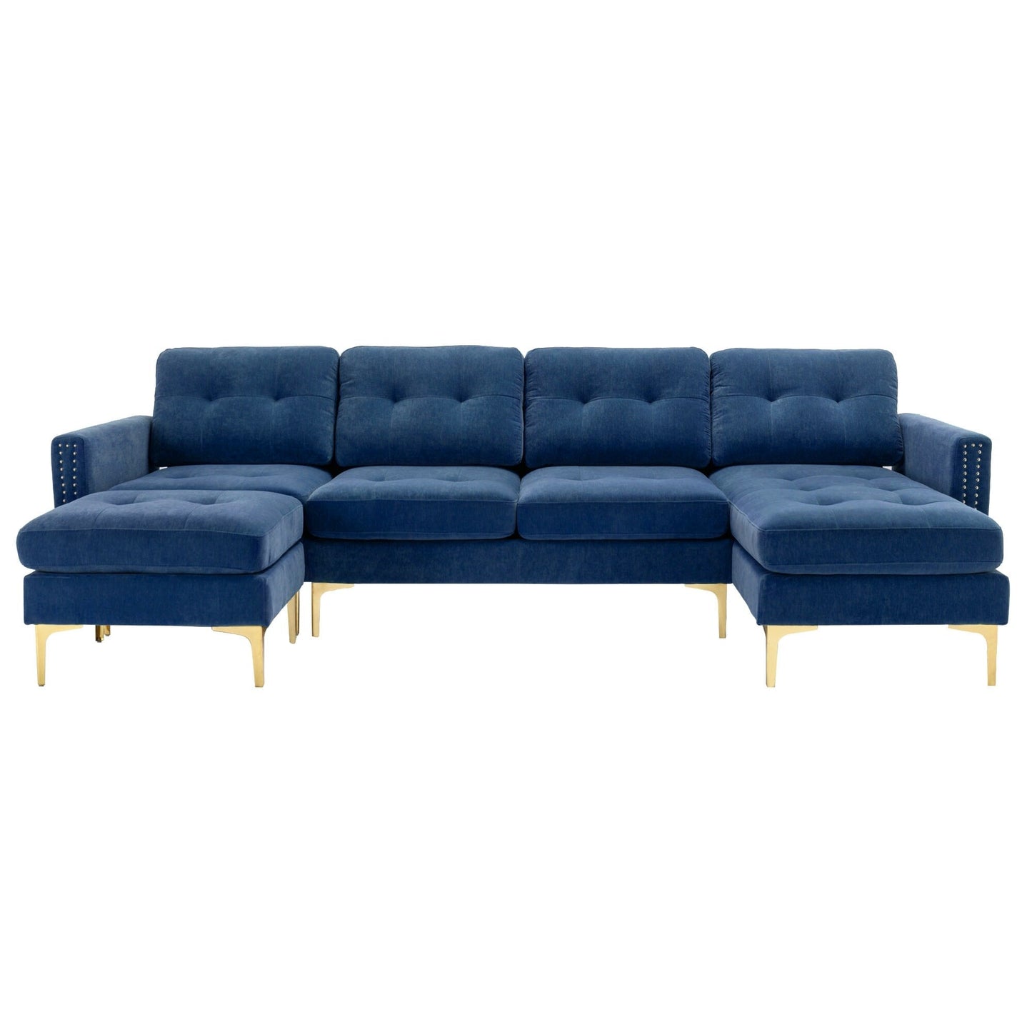 Convertible L-Shaped Velvet Sectional Sofa with Movable Ottoman and Gold Metal Legs for Living Room