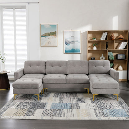 Convertible L-Shaped Velvet Sectional Sofa with Movable Ottoman and Gold Metal Legs for Living Room