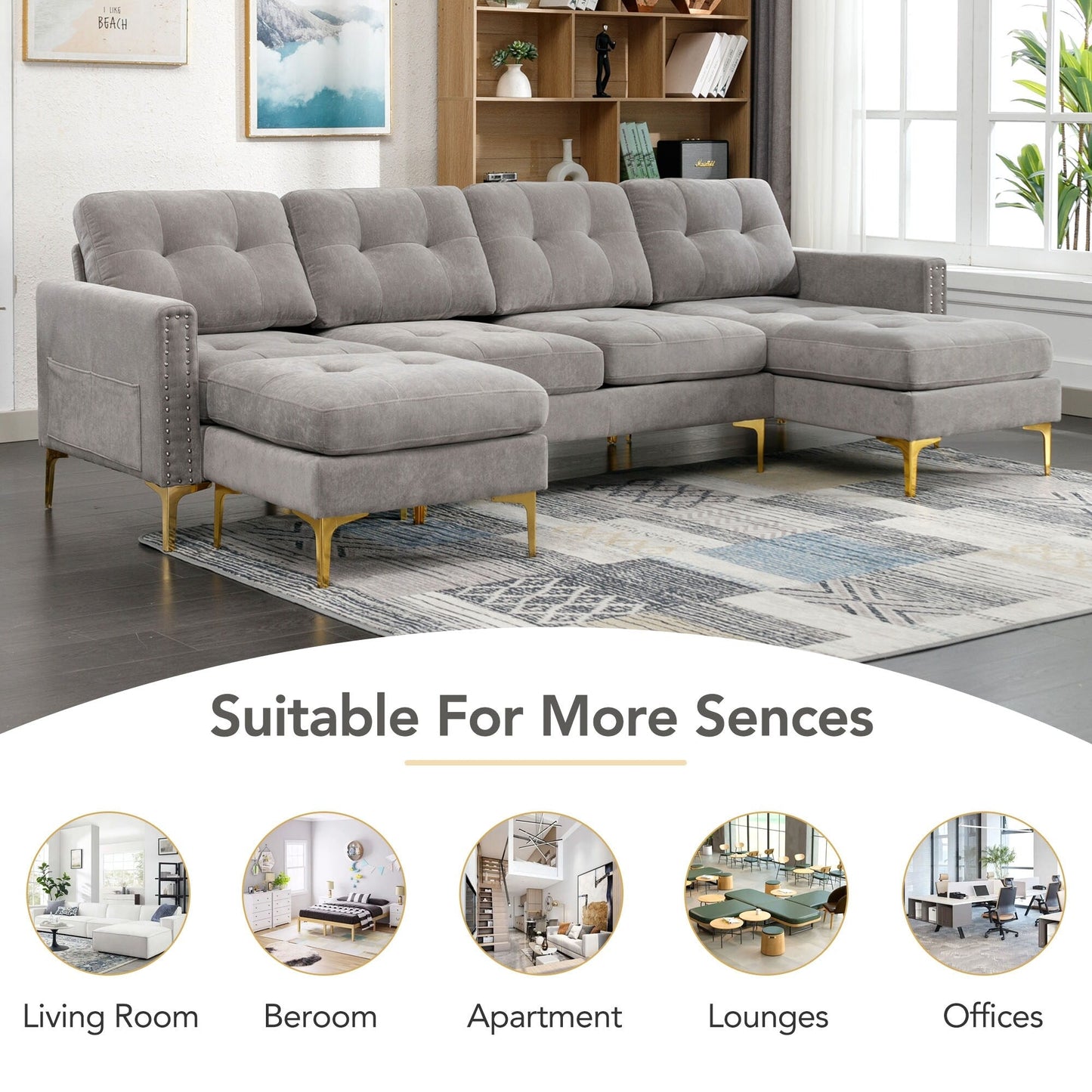 Convertible L-Shaped Velvet Sectional Sofa with Movable Ottoman and Gold Metal Legs for Living Room
