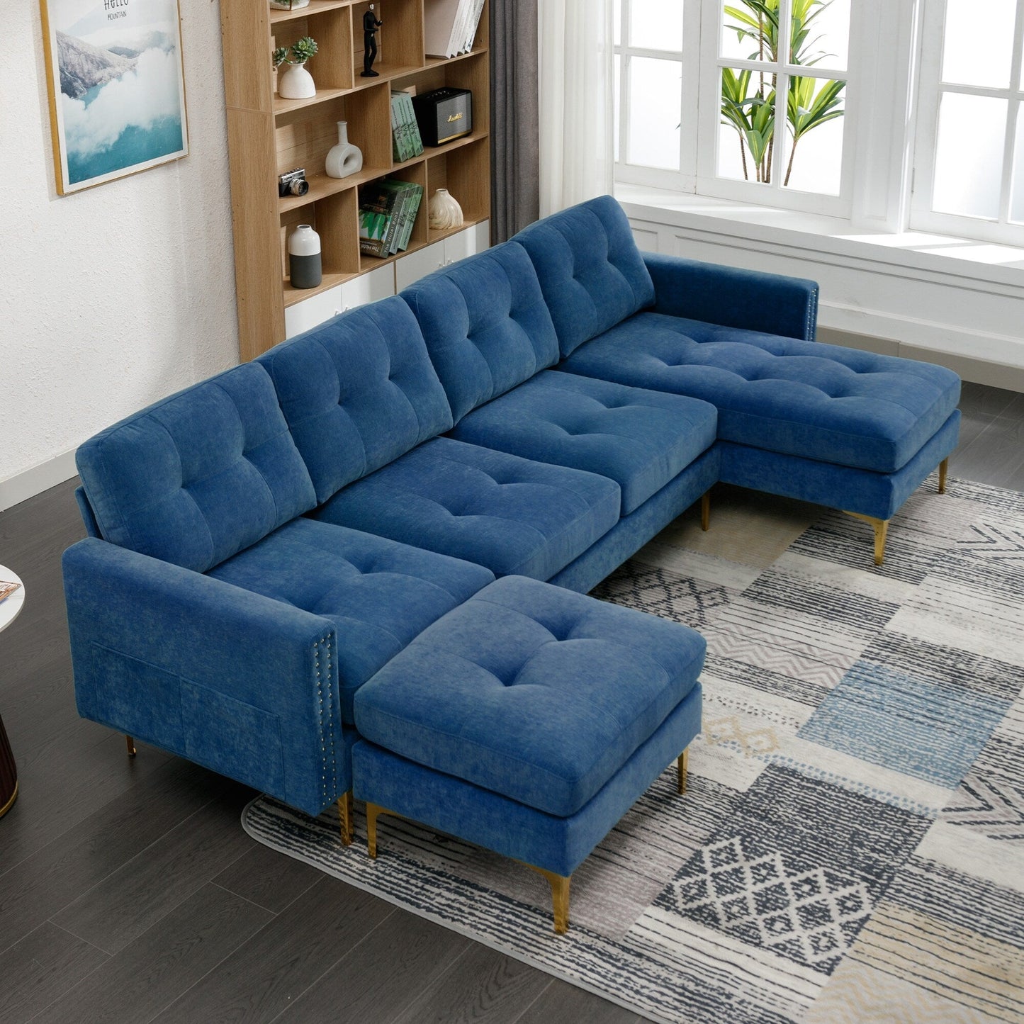 Convertible L-Shaped Velvet Sectional Sofa with Movable Ottoman and Gold Metal Legs for Living Room